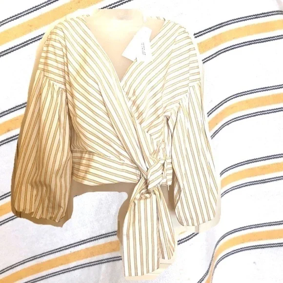 𝅺Host PICK🎉DEREK Lam V Neck Cropped 3/4 Sleeve Top Cotton Modern Neutral - Picture 4 of 11